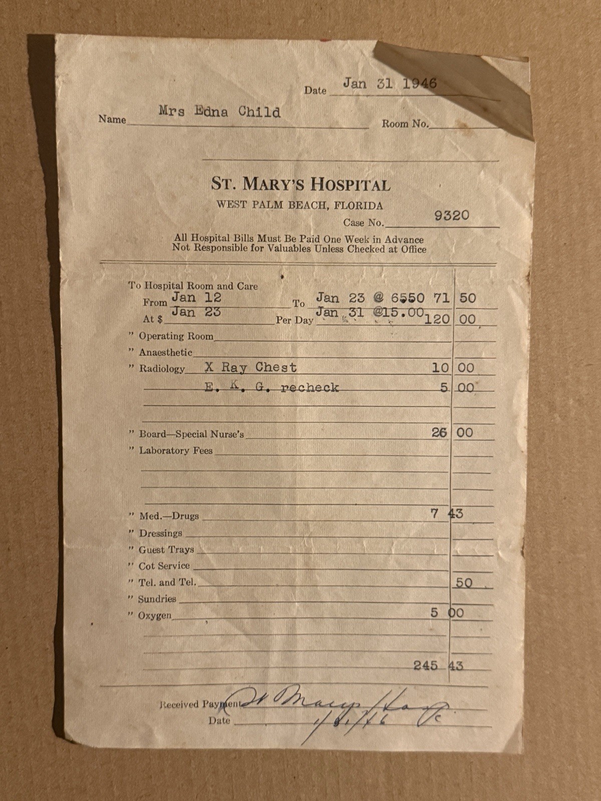 St. Mary's Hospital Bill West Palm Beach FL Jan 31 1946 Mrs Edna Child