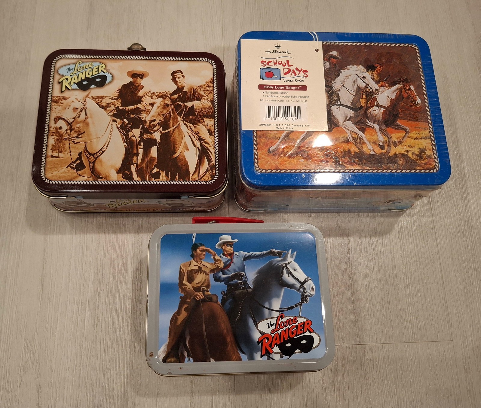 LOT OF (3) THE LONE RANGER METAL LUNCHBOXES: Lone Ranger & Tonto BLACK BLUE GRAY