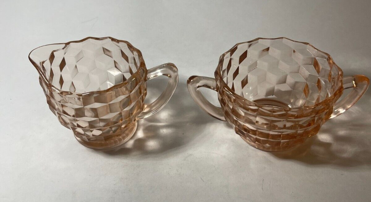 Jeannette Pink depression glass cream and sugar, 3.5x2.5