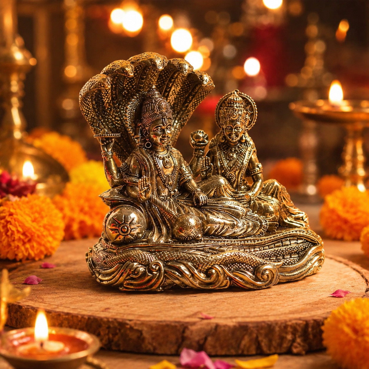 Brass Lakshmi Vishnu Idol Sheshnaag Statue 4 Inch Pooja Home Temple Decor