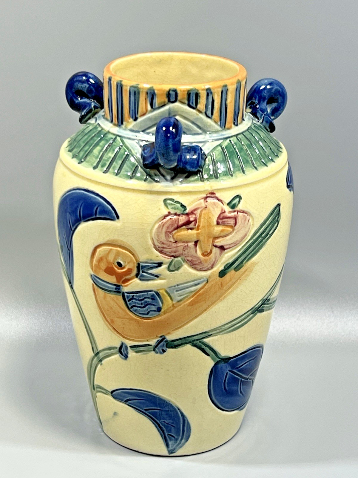 VTG Magolica Hand Painted Ceramic Pottery Japanese Vase Bird & Floral Motif 8\