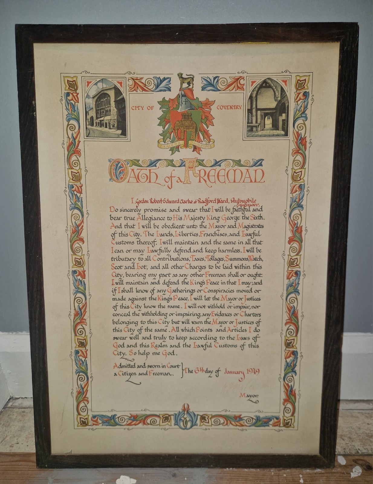Vintage 1949 Original Oath of a Freeman Certificate Coventry Wall Hanging 26x19\ Vintage 1949 Original Oath of a Freeman Certificate Coventry Wall Hanging 26x19\