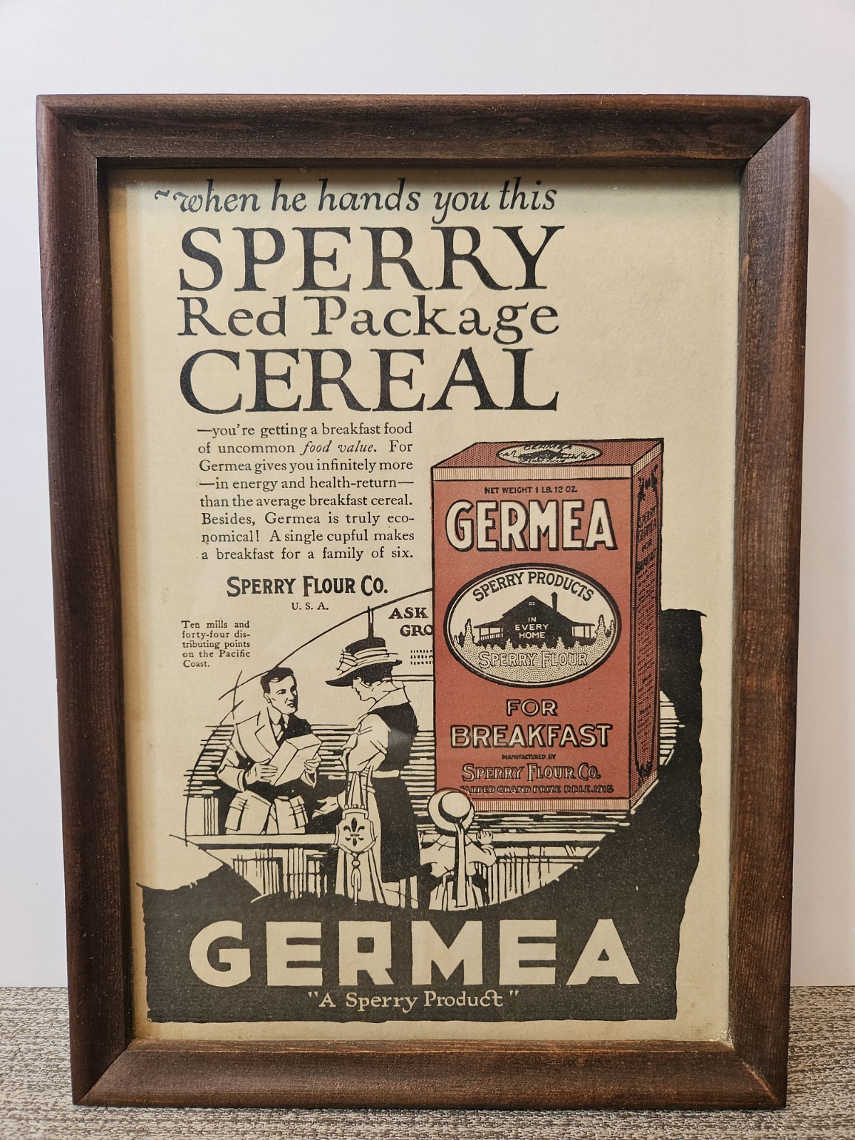 Antique 1890\'s Original Sperry Flour Co Germea Cereal Ad  Framed 12×8.5