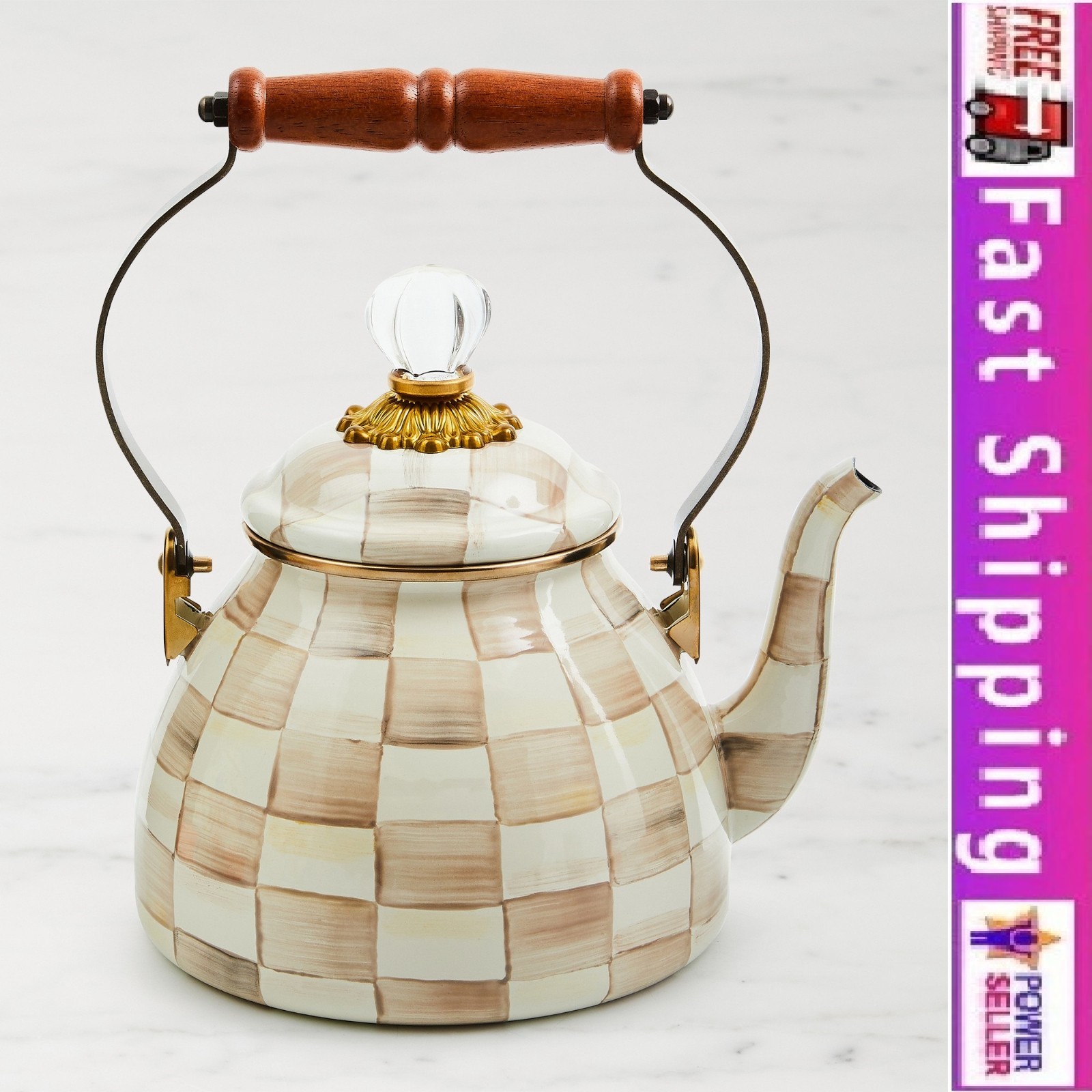 MacKenzie-Childs Mocha Check Tea Kettle 3 Qt, Authentic, Stock US-No Import Fees