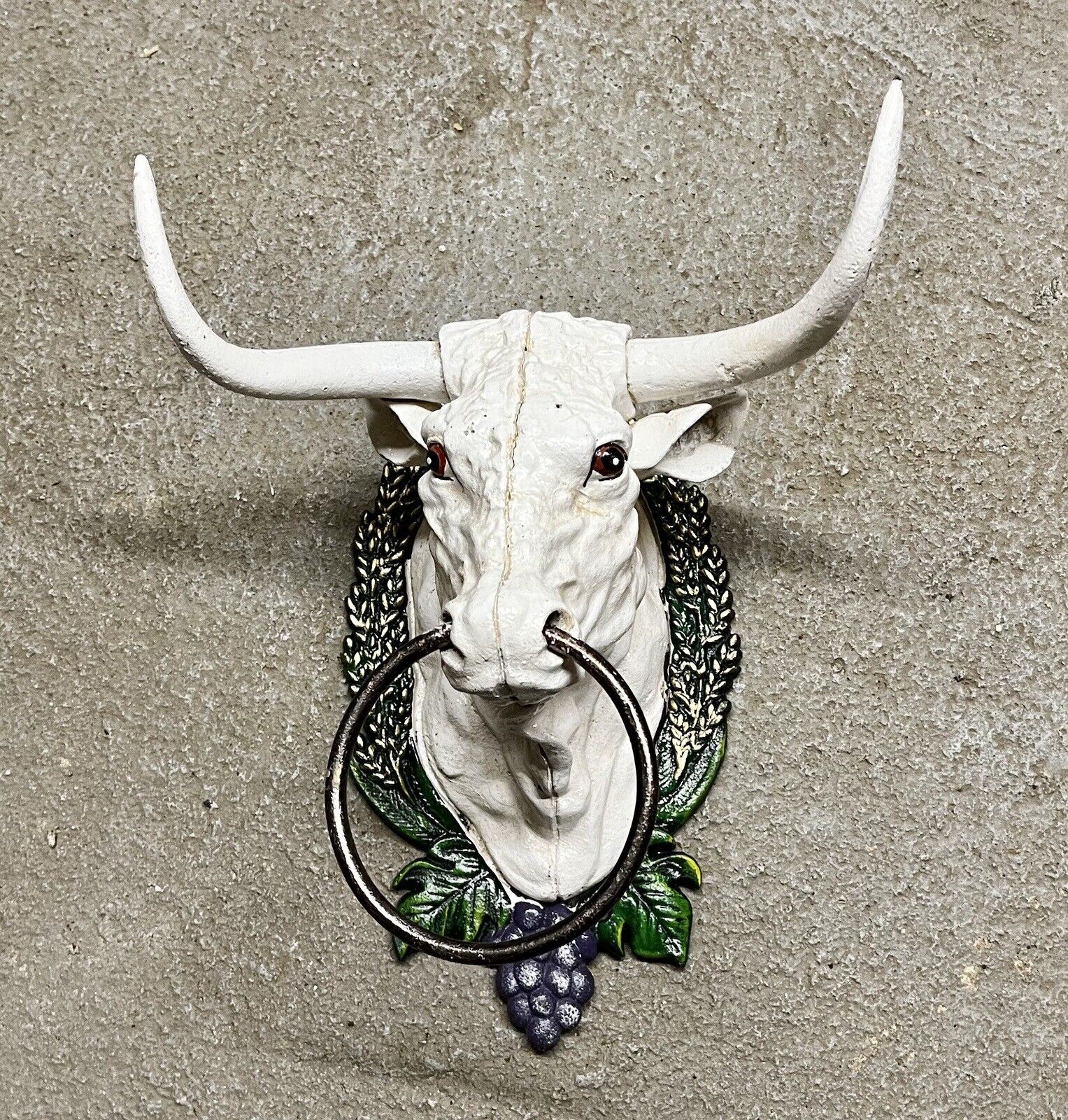 Cast Iron White Bull Head w/ Horns Hitching Ring Towel Holder, 11” x 6”