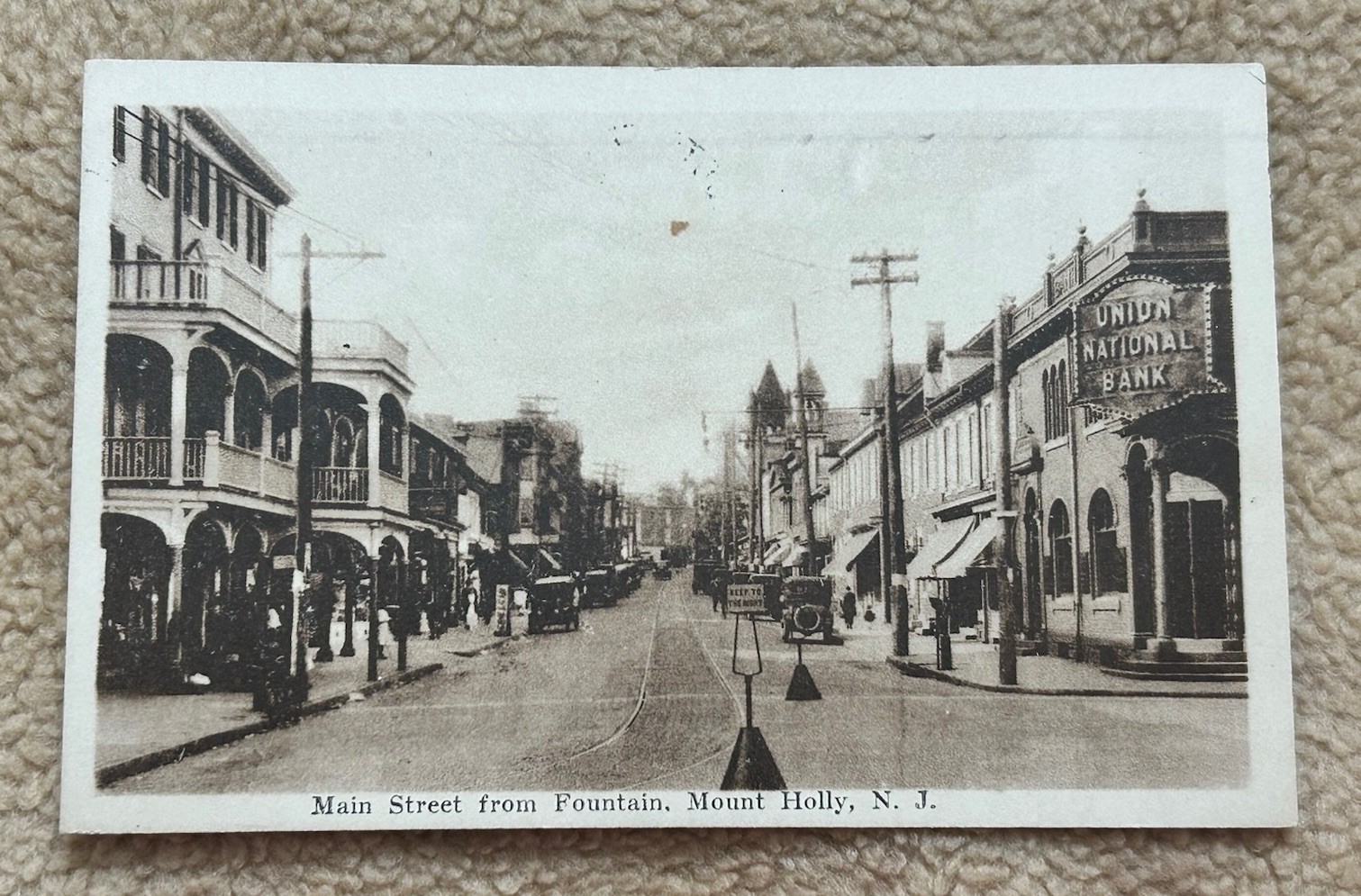1920’s Mt Holly NJ Postcard Main St from Fountain Burlington County South Jersey