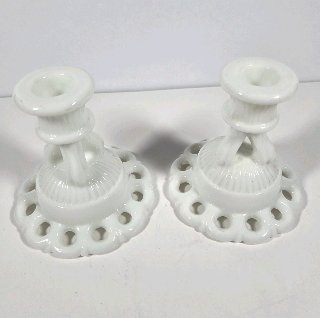 Vintage Milk Glass Candle Holders Open Lace Pierced Base Taper Pair 4.5 in