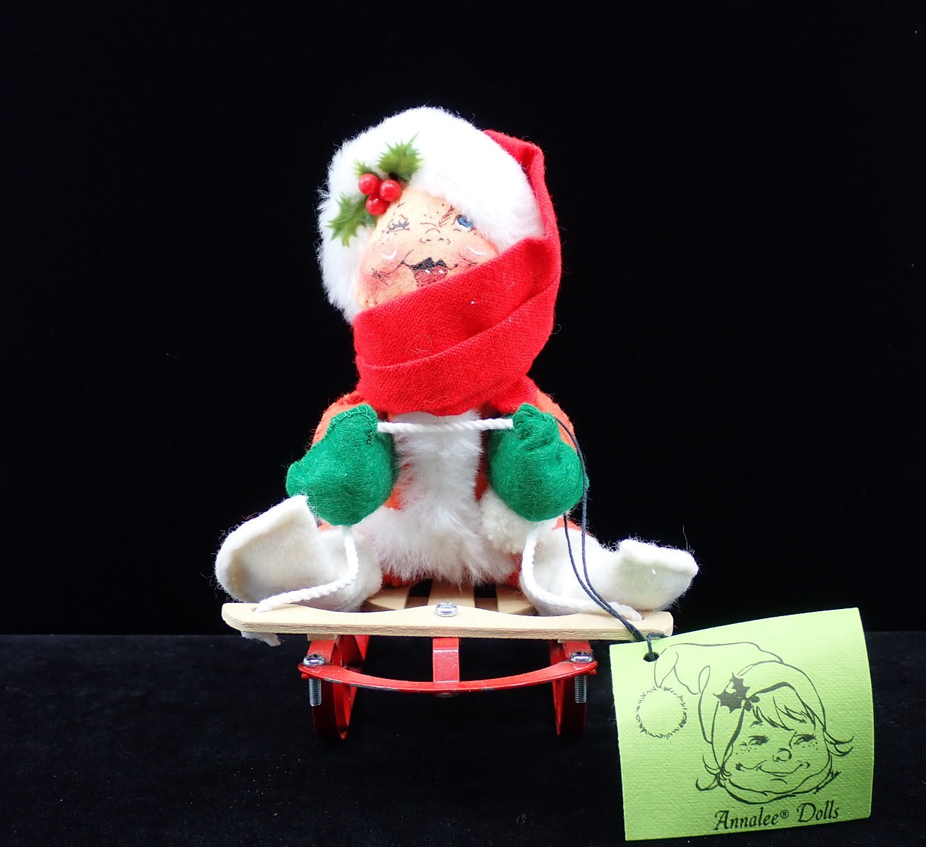 Vintage Annalee Mobilitee Doll Girl on Sled Tag Red & Green \'87 1957/1981 #8010