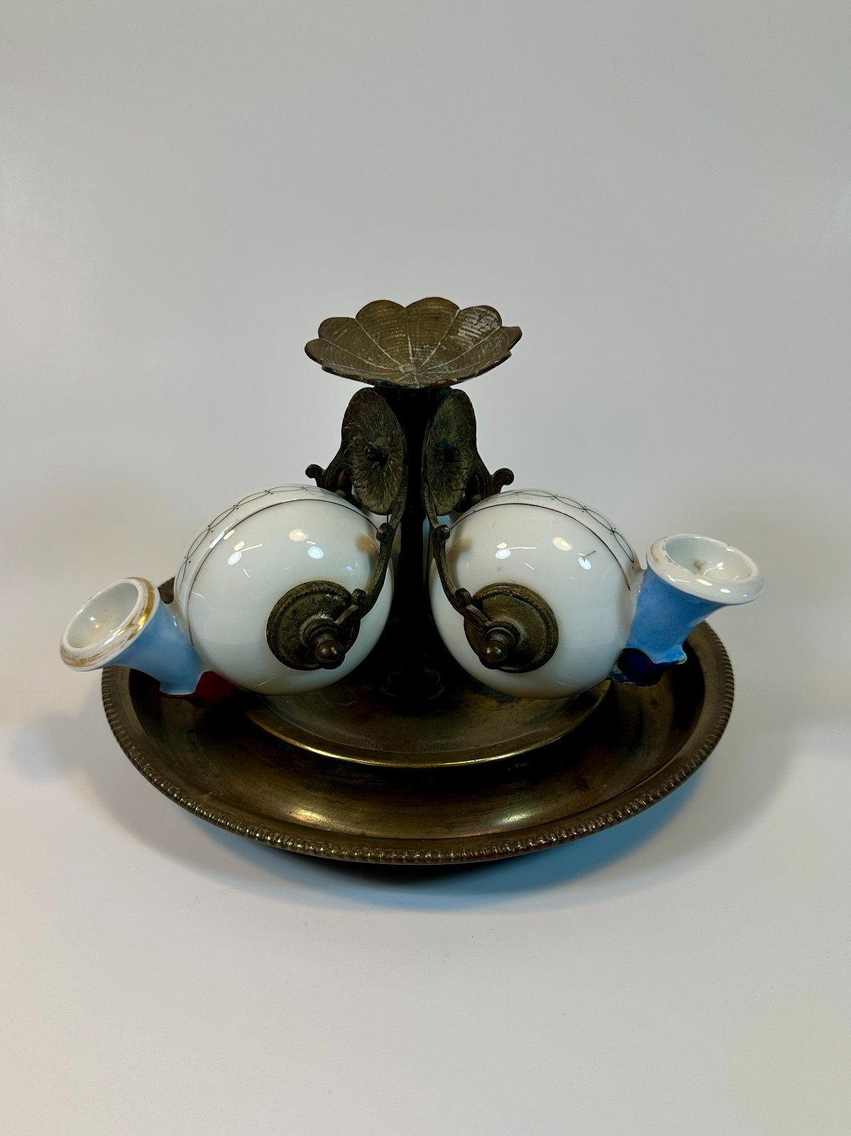 Antique 19C French JL Bascule Triple Snail Encrier Inkwell Porcelain Gilt Bronze