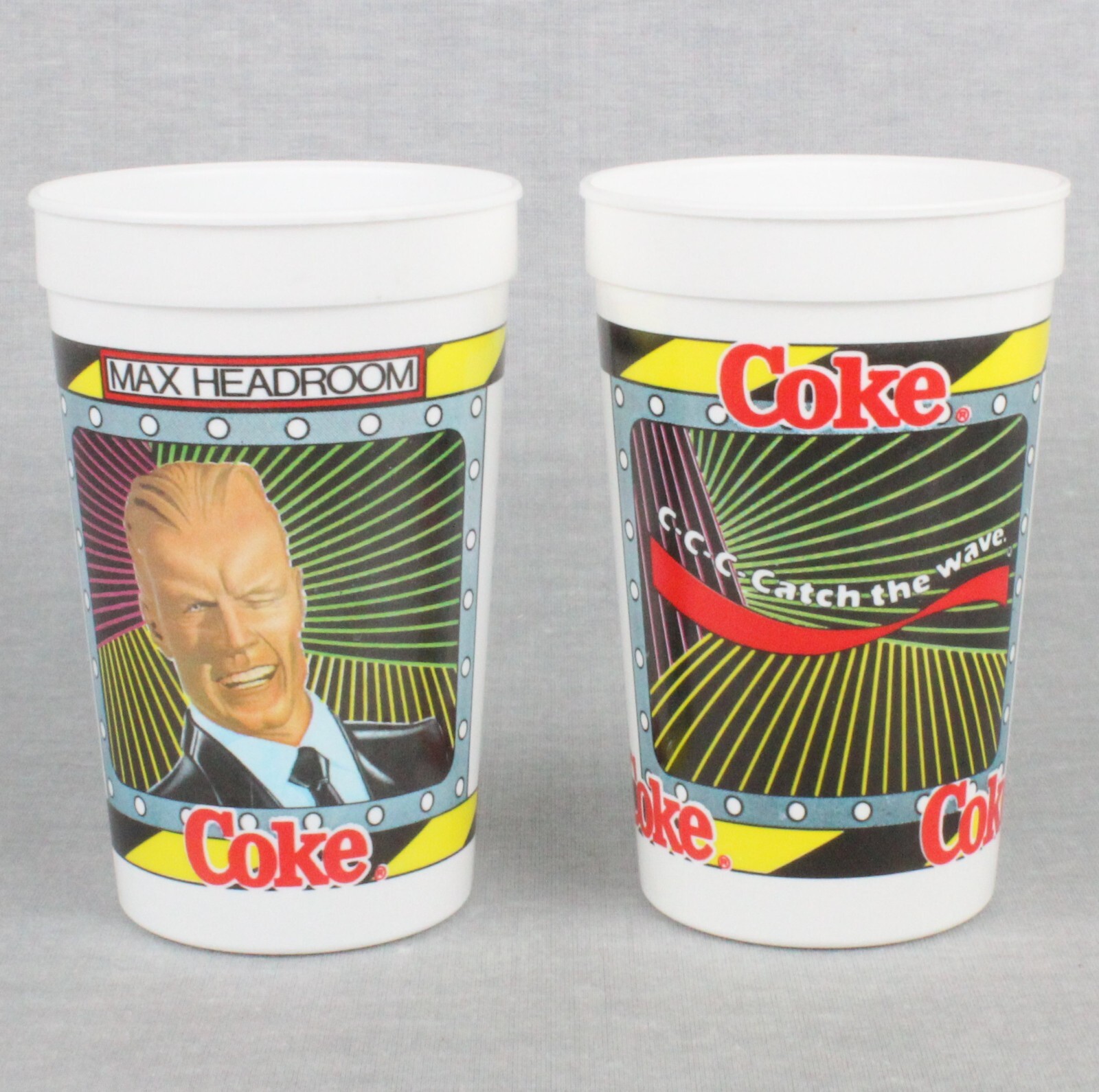 Coca Cola Coke Max Headroom Plastic Advertising Cups x2 Catch the Wave NOS 1980s