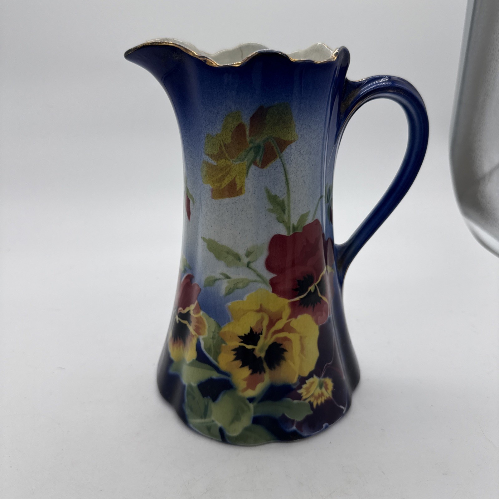 RARE HANDPAINTED 24KT GOLD LEAF K&G LUNEVILLE FRANCE PANSIES WATER PITCHER VTG