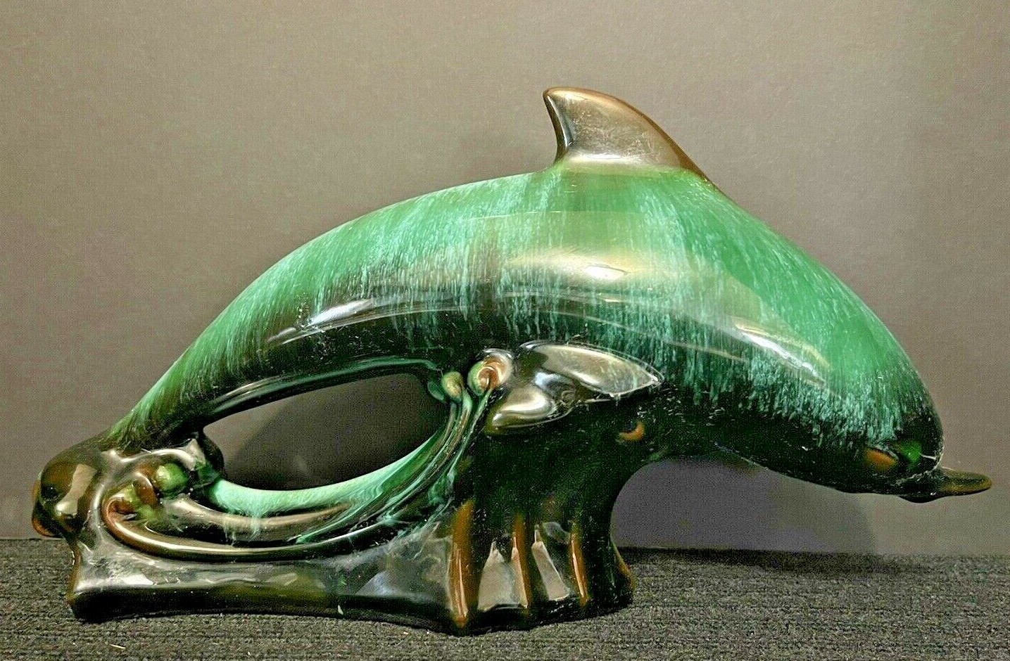  Green Dolphin On A Wave Red Clay Ceramic 12.5 x 7\