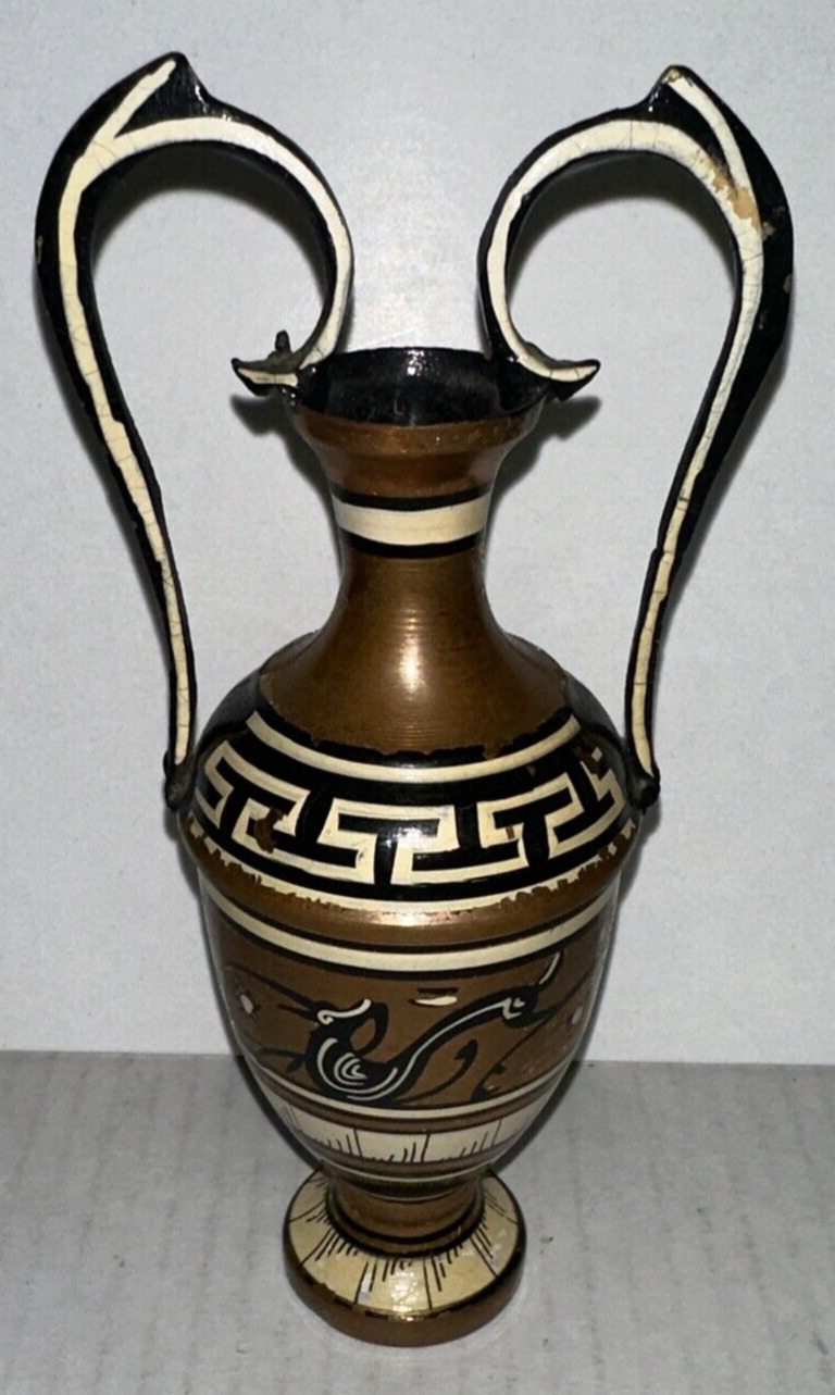 COPPER HAND MADE GREECE POTTERY VASE WITH HANDLES  6.5\