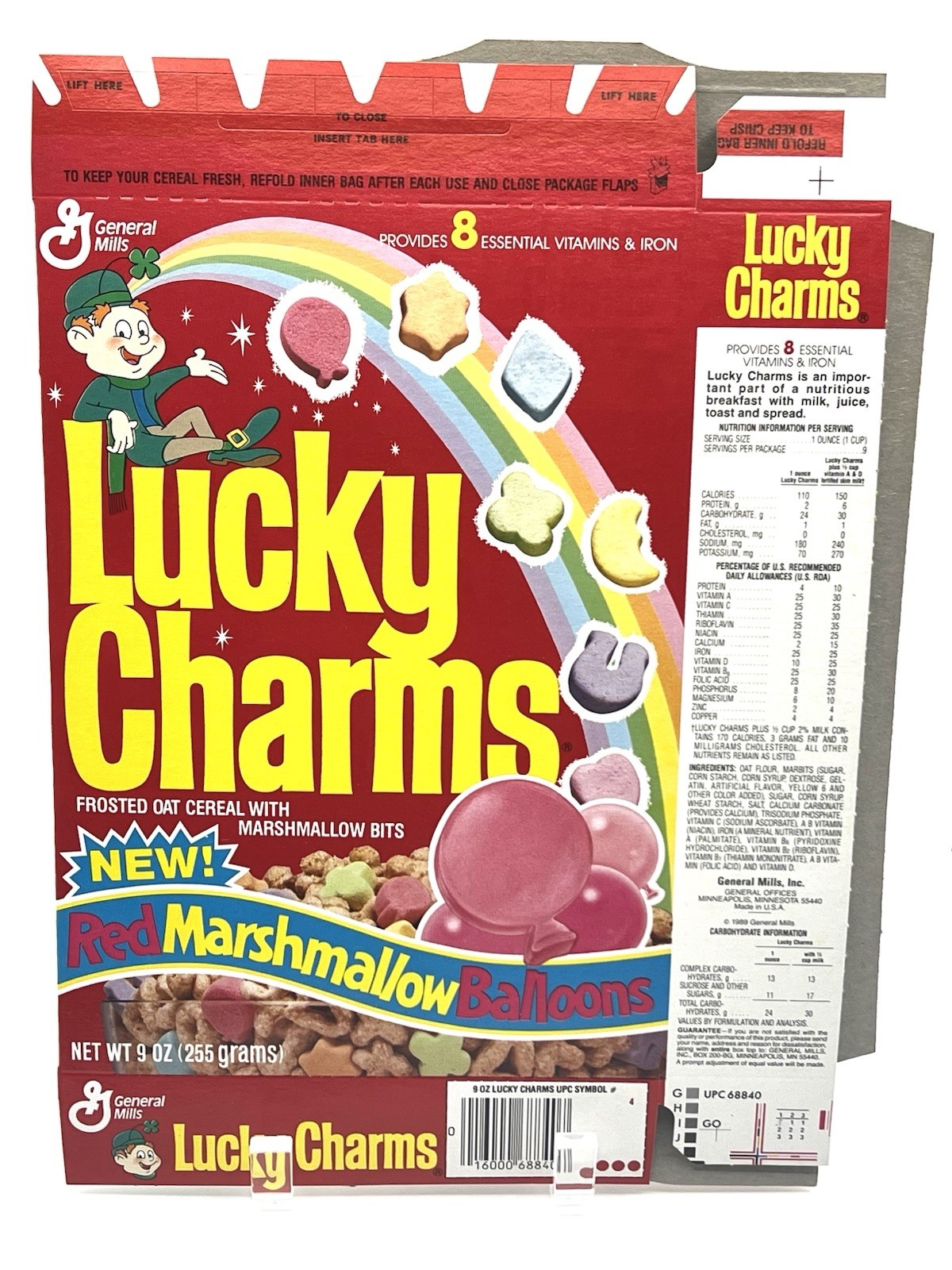 1989 General Mills Lucky Charms cereal box - *NEW* Balloon Marshmallows - UNUSED