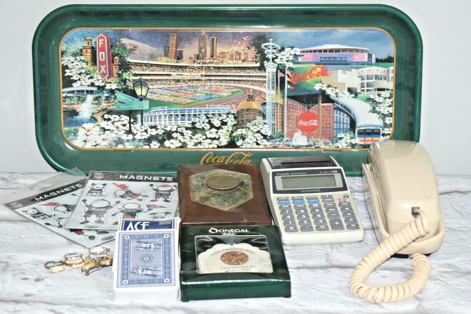 Junk Cabinet Drawer Lot Coca Cola Tray Karatclad Rings Phone Belleek Ornament