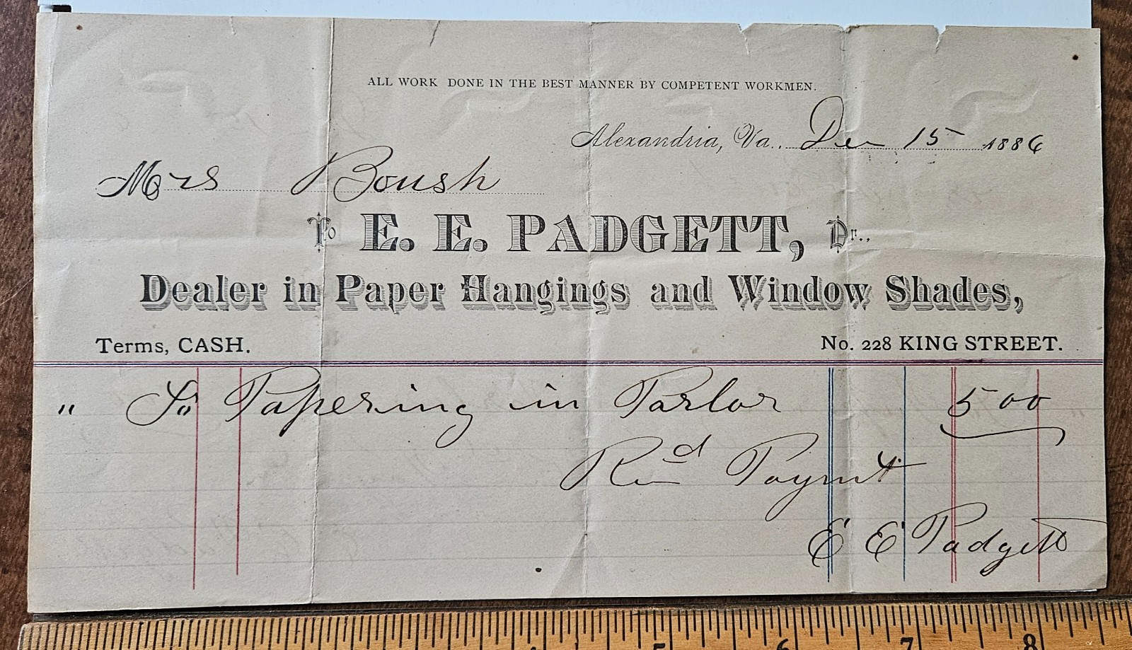 1886 Antique Handwritten Billhead Receipt – E. E. Padgett, Alexandria, Virginia 1886 Antique Handwritten Billhead Receipt – E. E. Padgett, Alexandria, Virginia