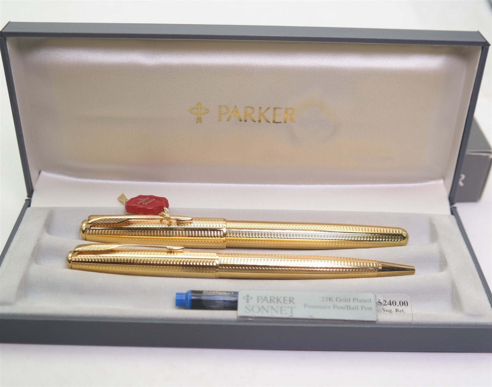 Vtg New Old Stock PARKER SONNET 23K Gold plated Fountain Pen & Ball point Set 