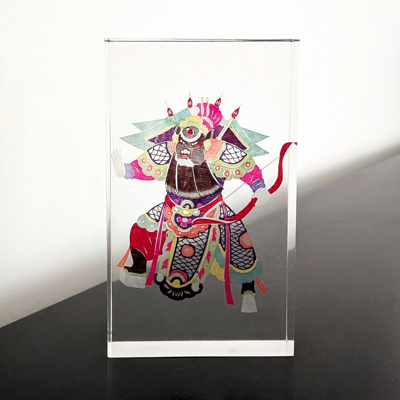 Vintage 1970s Lucite Art Block, Chinese Jian Zhi Peking Opera Warrior