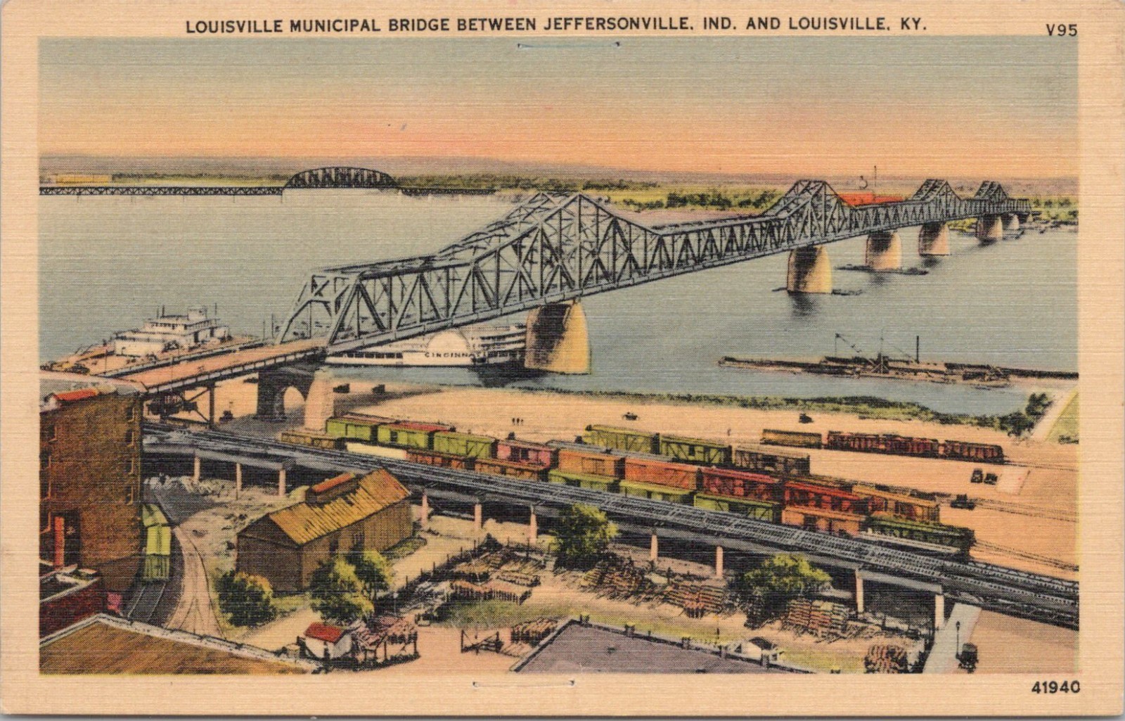 Linen PC Jeffersonville Indiana Louisville Municipal Bridge & Town Scene 1940s