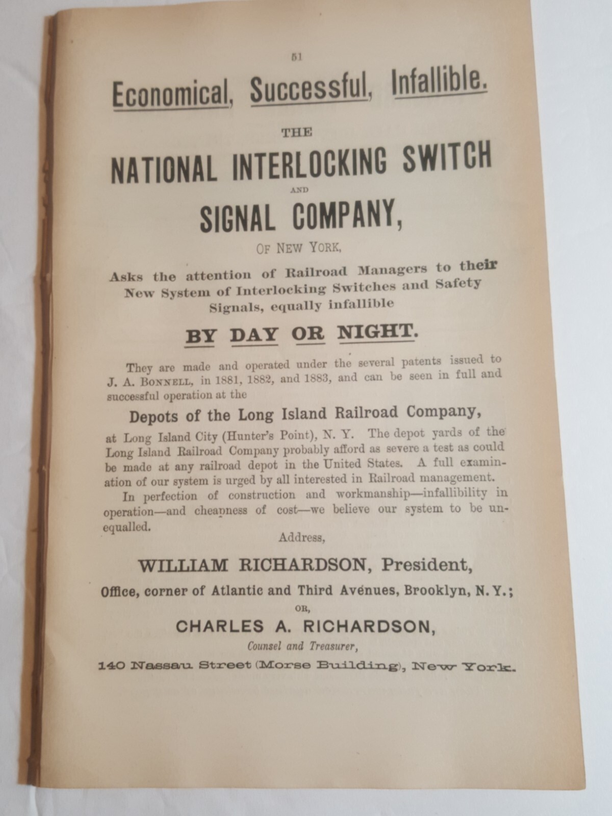 ☆ 1884 print ad National interlocking switch and Signal Company Brooklyn NY RR 
