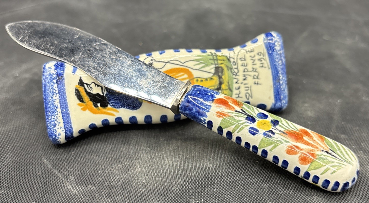 Henriot Quimper Faience Cheese Knife & Rest Handpainted Breton Folk Art France