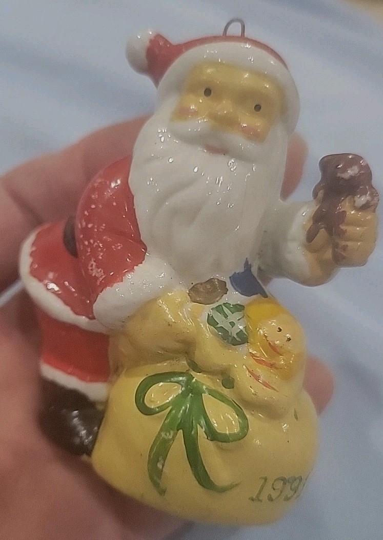 Ceramic Santa Claus Christmas Tree Ornament Yellow Gift Sack Teddy Bear 1991 Vin Ceramic Santa Claus Christmas Tree Ornament Yellow Gift Sack Teddy Bear 1991 Vin