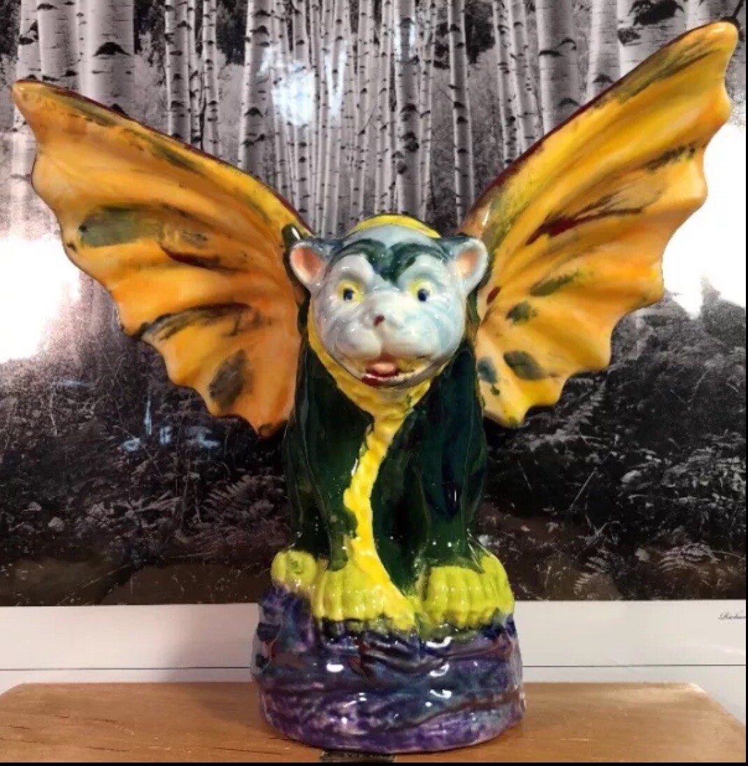 Gargoyle Figurine Ceramic VTG Handpainted Artist Signed 7.25 Wingspan Unique