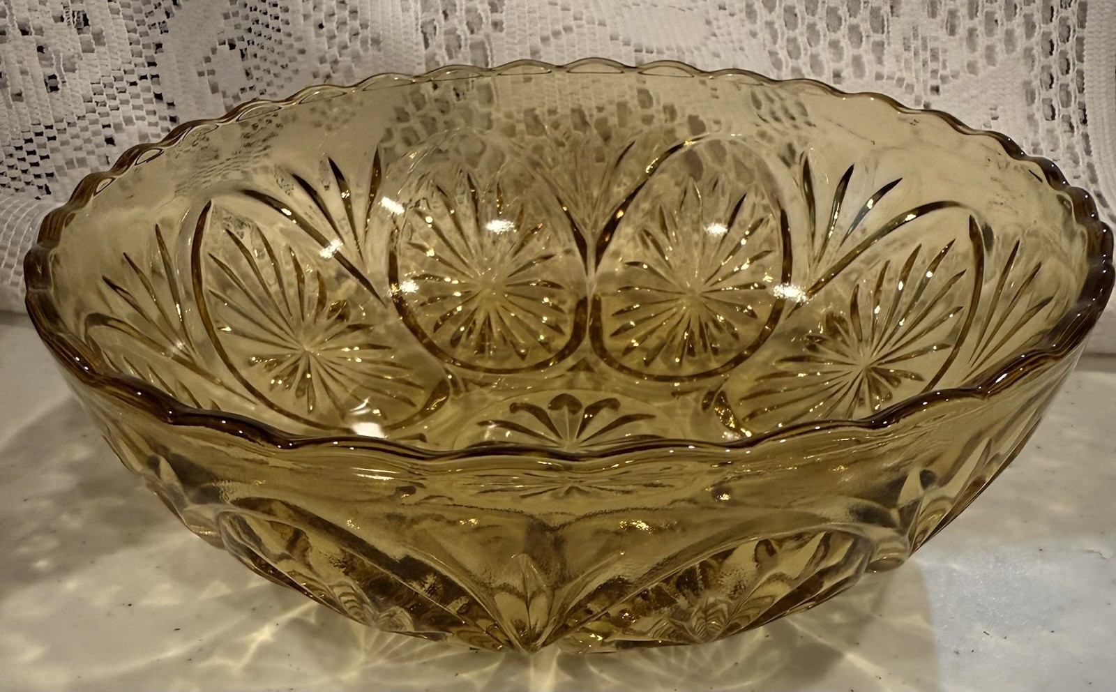 Ancho-Hocking Vintage “Medallion” Pattern in Honey-Amber Glass.