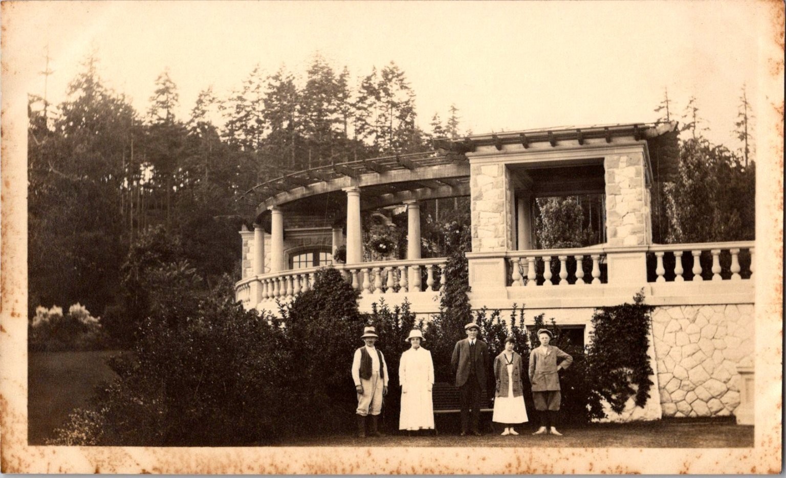 Vintage Family Photo c. 1910s Elegant Estate Home & Garden Sepia Tone Photograph