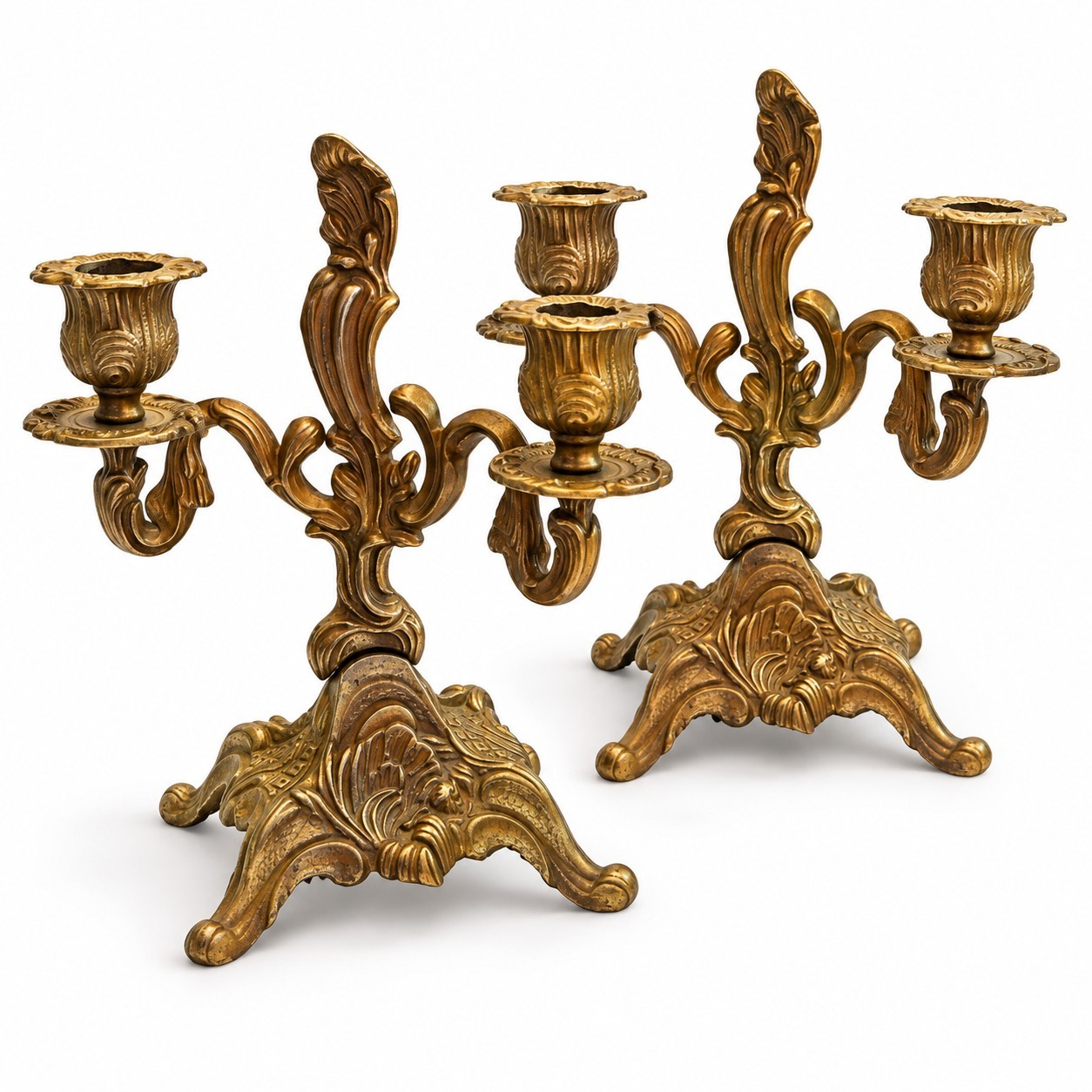Vintage Pair Ornate Brass 2 Arm Candelabra Rococo Baroque Candle Holders EB Mark