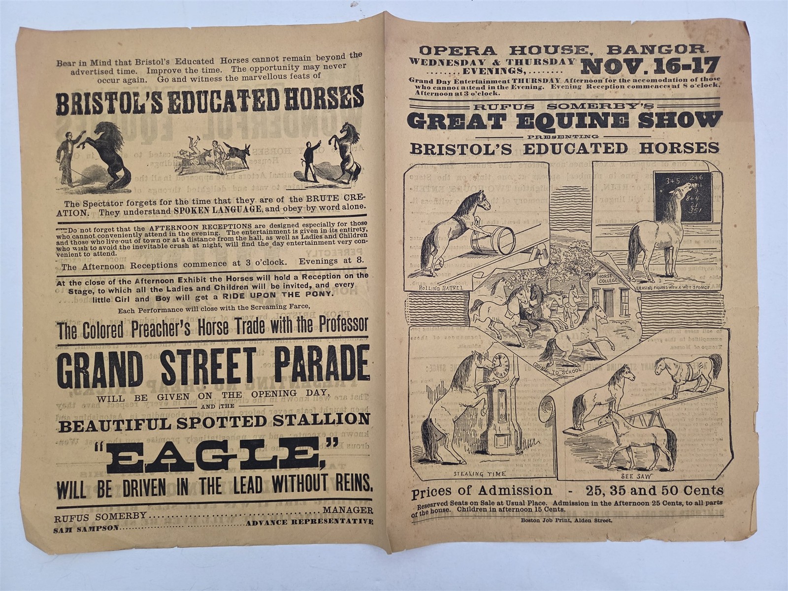 c1860s antique BRISTOL\'S EDUCATED HORSES bangor me OPERA HOUSE ad EQUINE SHOW