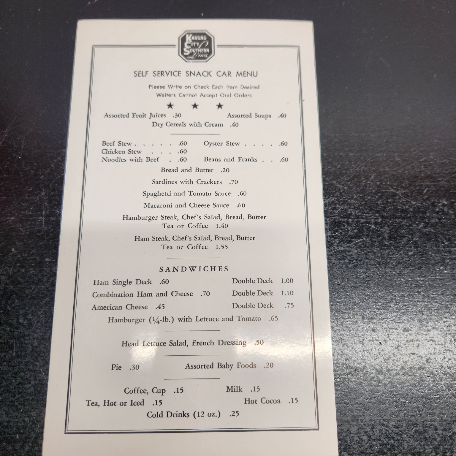 Vintage KCS Kansas City Southern Railway Train Snack Car Menu Ephemera