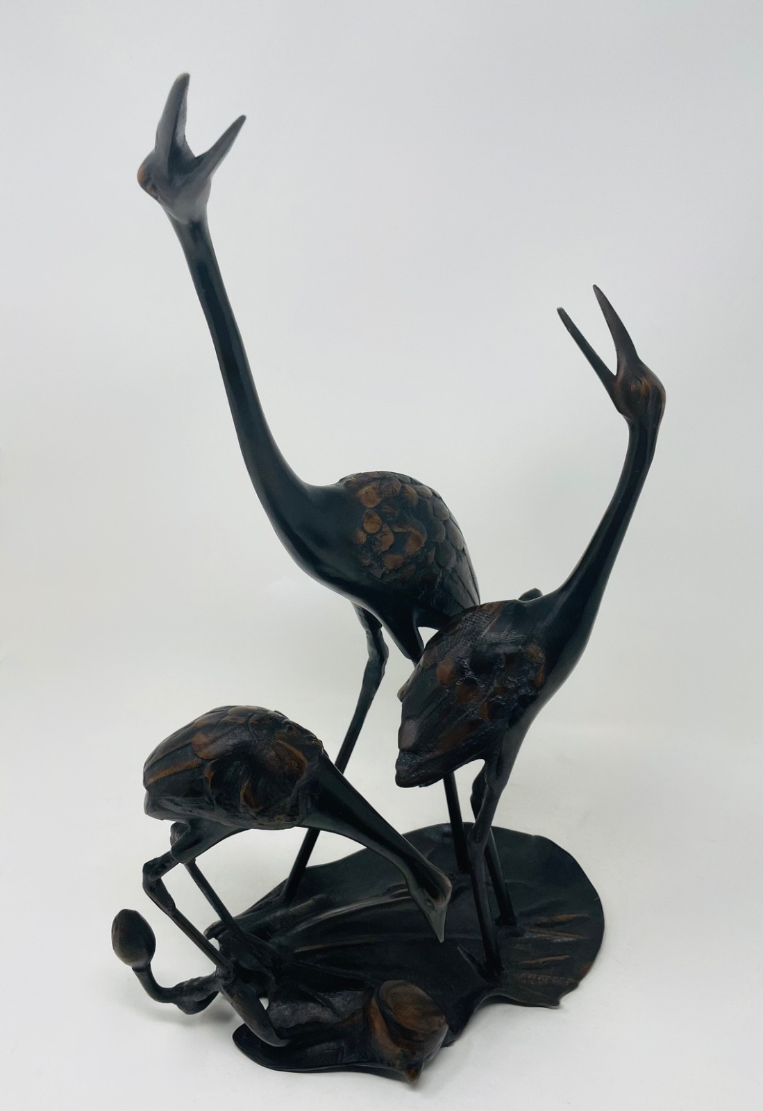 Vintage Japanese Bronze Crane Family Sculpture on Lotus Leaf Lilypad Base 17.5”