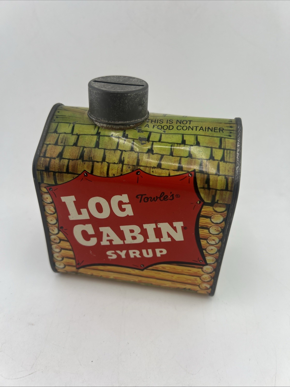 Vintage Towle\'s Log Cabin Syrup Tin Coin Bank with Cap Vintage Towle\'s Log Cabin Syrup Tin Coin Bank with Cap