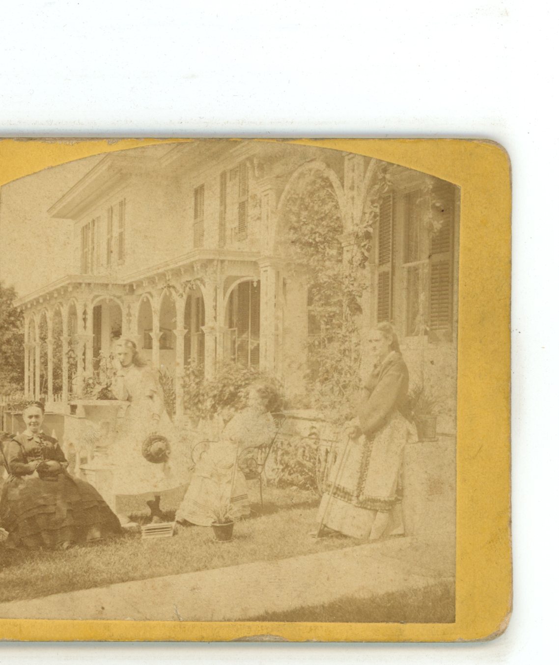 Women outside Large Residence Unknown Location Stereoview