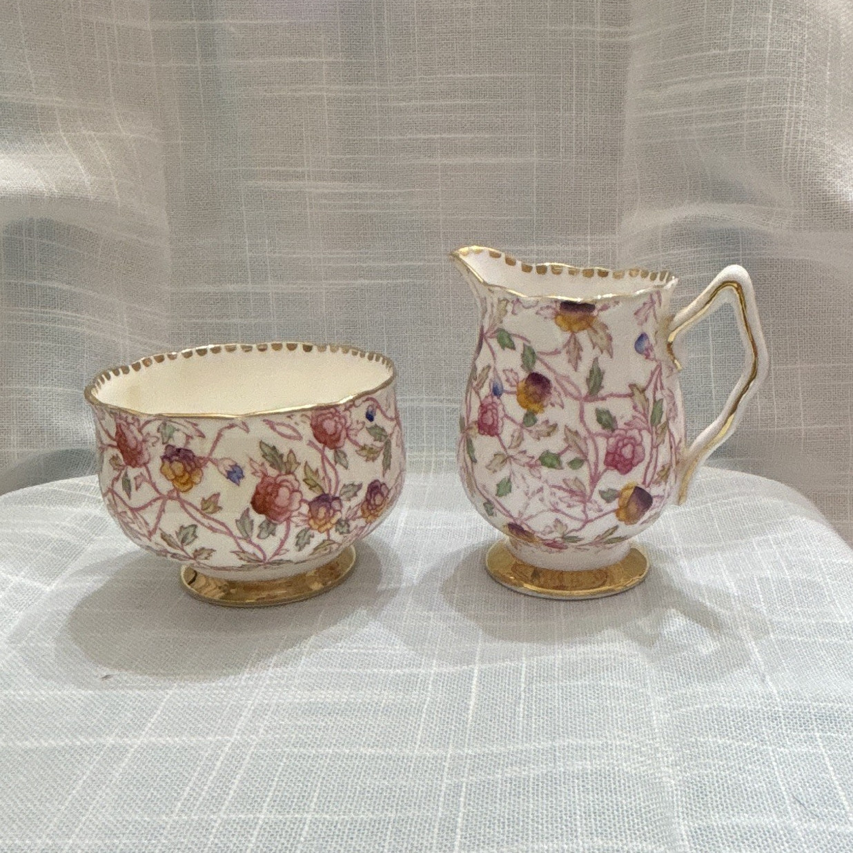 Vintage English Floral Chintz Fine Porcelain Creamer & Open Sugar Bowl Set with