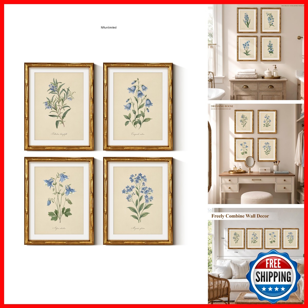 ARPEOTCY Bamboo Framed Floral Wall Art 4pcs Blue Wildflower 11x14in
