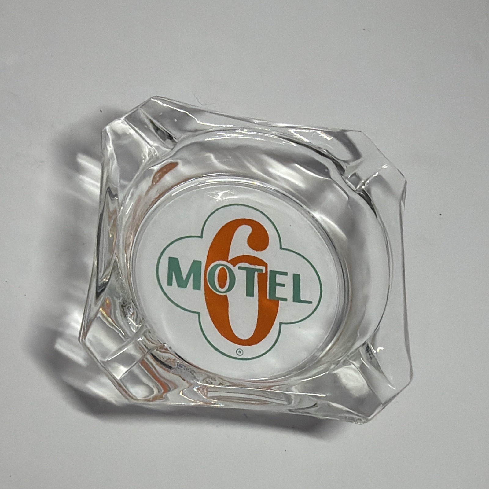 Motel 6 Vintage Clear Glass Square Ashtray with Logo Advertising