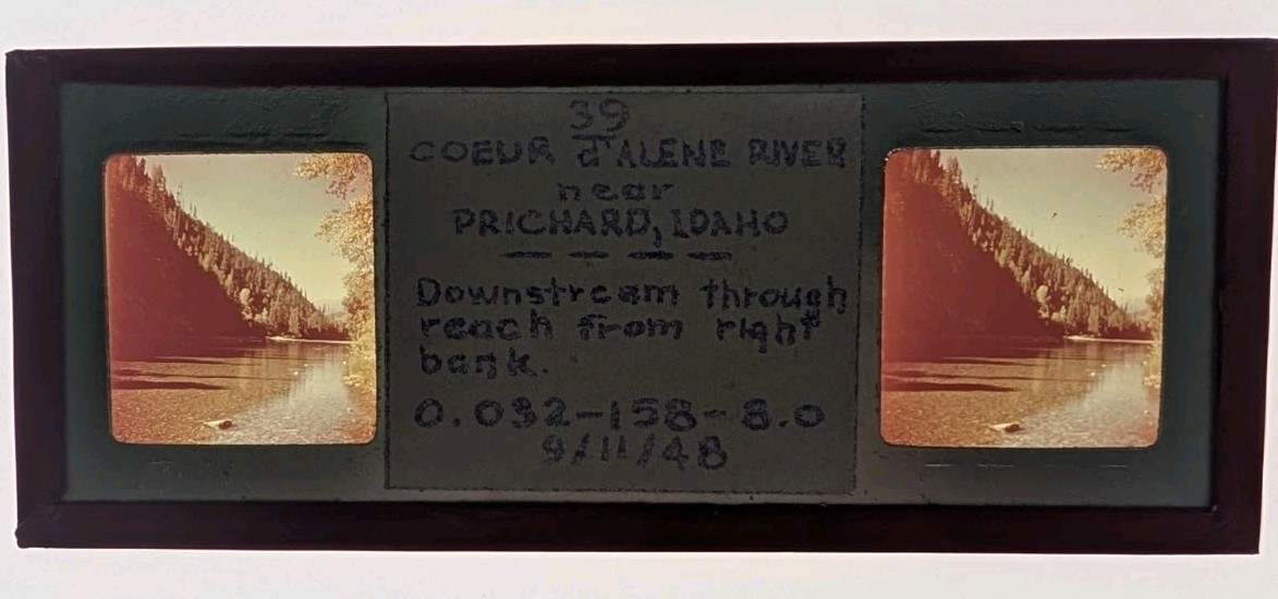 40's STEREOSCOPIC GLASS SLIDE COEUR D'ALENE RIVER NEAR PRICHARD IDAHO SGS1