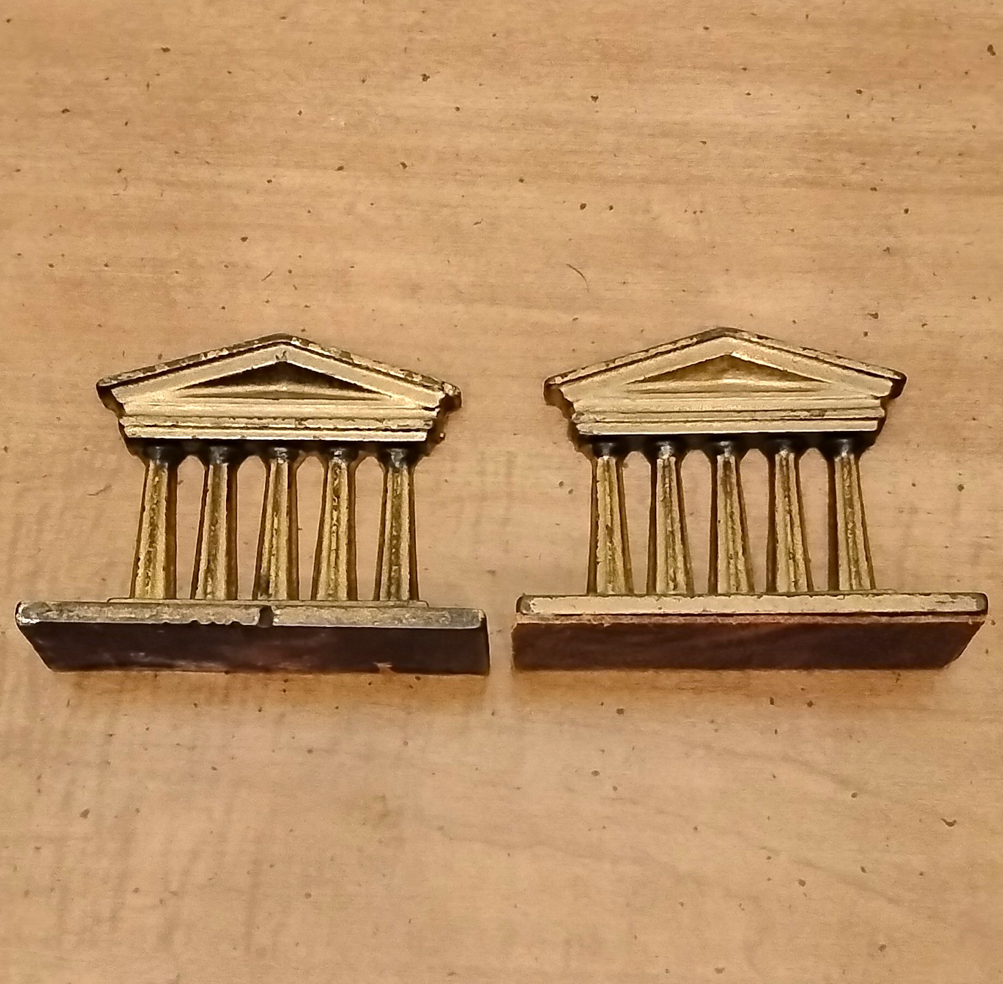 Gold & Brown Metallic Metal Bookends Pair, Architectural Building 3D Effect