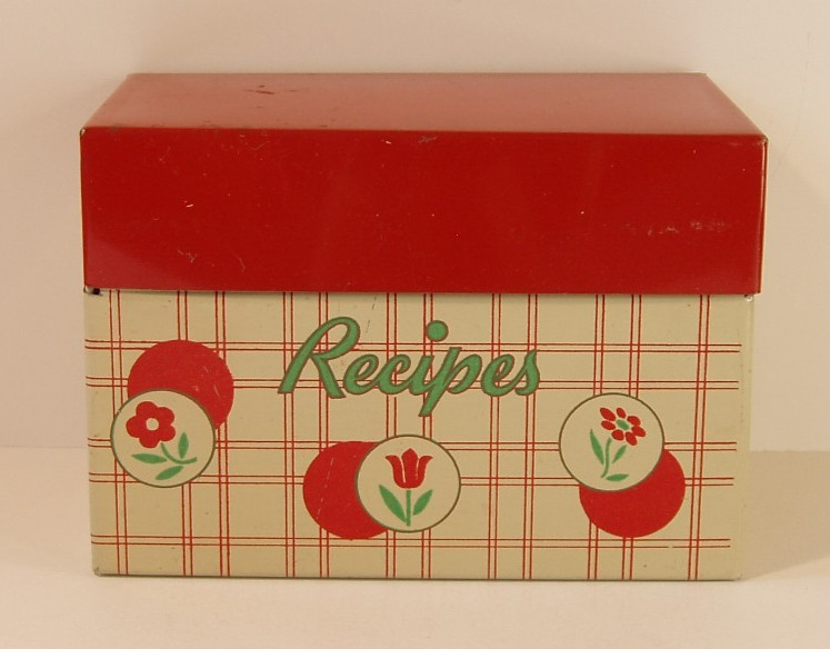 Rarer Vintage Tin Metal Recipe Box, Red Lid w/ Cream & Red Plaid Body, Lot #124