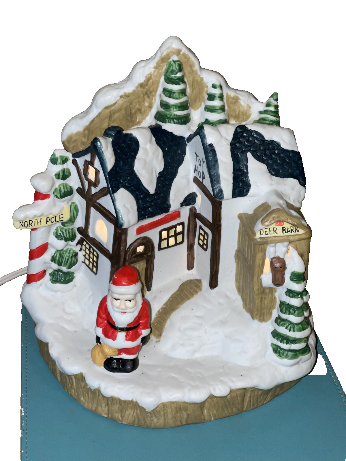 Lighted Santa Figurine ￼Vintage North Pole Village Deer Barn Toy Shop Cute