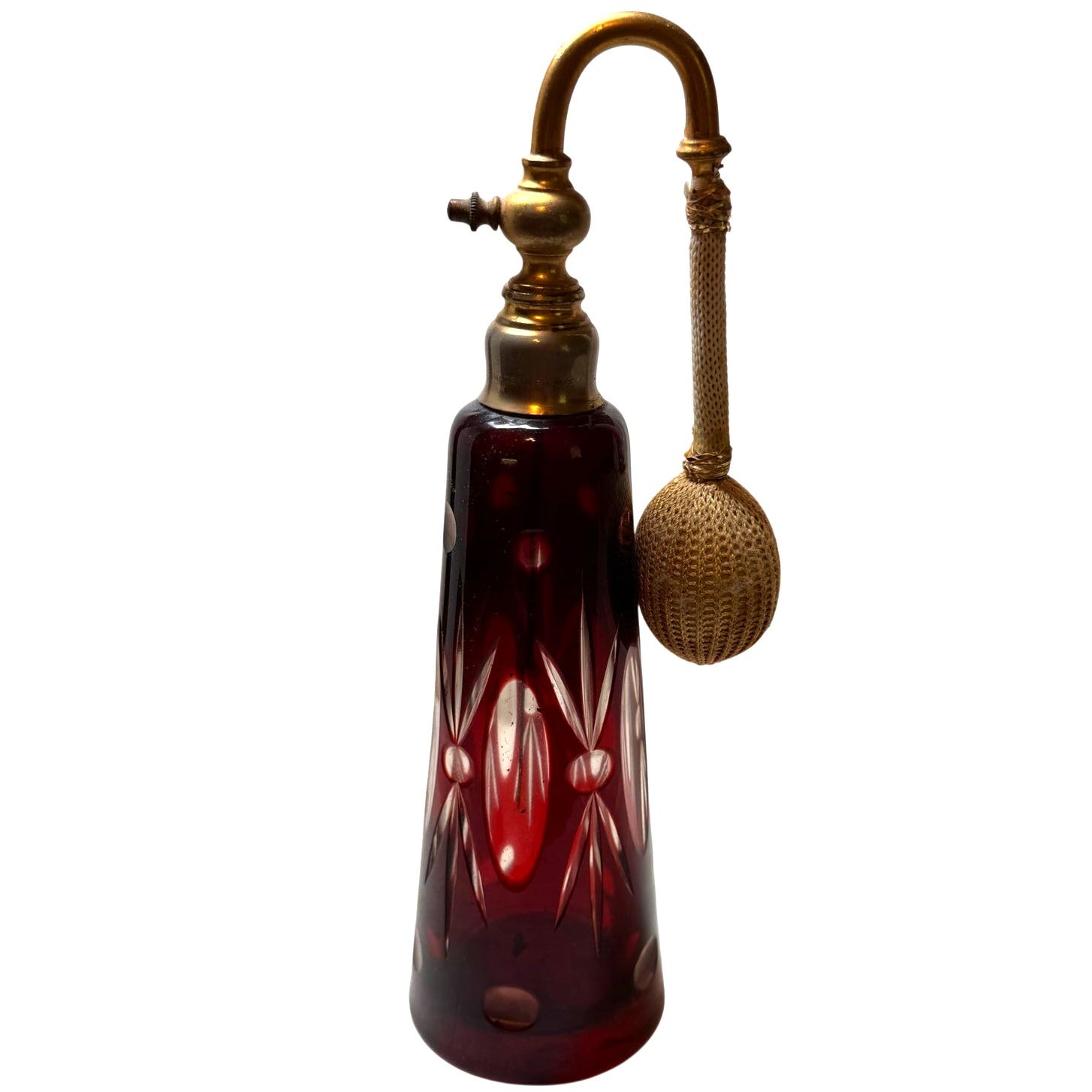 Vintage French Ruby Cut to Clear Glass Perfume Atomizer with Bulb