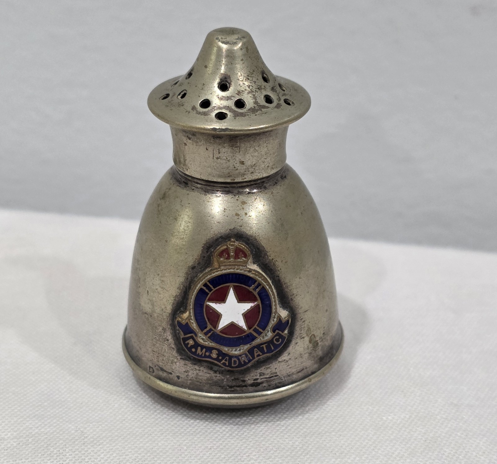 Vintage White Star Line R.M.S. Souvenir Silver Plated Salt Shaker Enamel Crest 