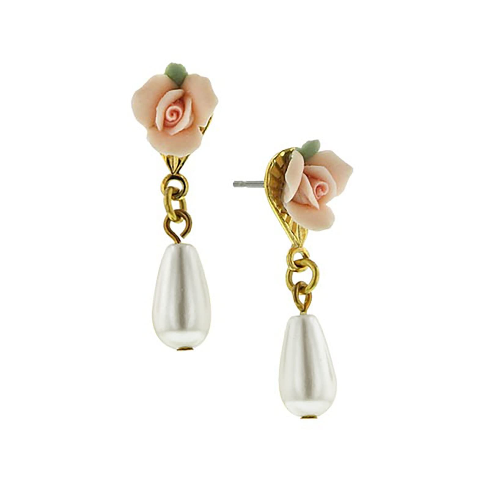 1928 Jewelry Pink Rose & Pearl Drop Earrings, Handcrafted Floral Design 1928 Jewelry Pink Rose & Pearl Drop Earrings, Handcrafted Floral Design