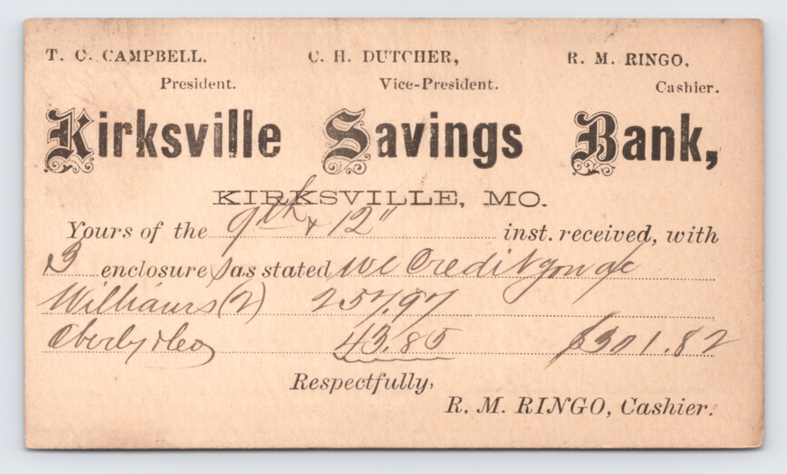 c1874 Kirksville Savings Bank Postal Card Kirksville MO to F.J. Ricker Quincy IL