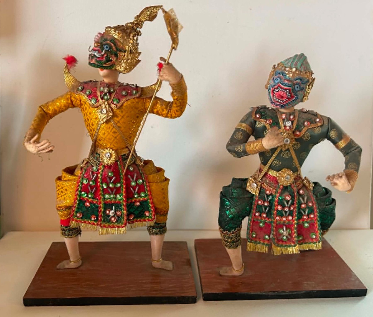 Vintage Thai Khon Dance Dolls Lot of 2 Demon Warrior Costumes Handmade Gorgeous