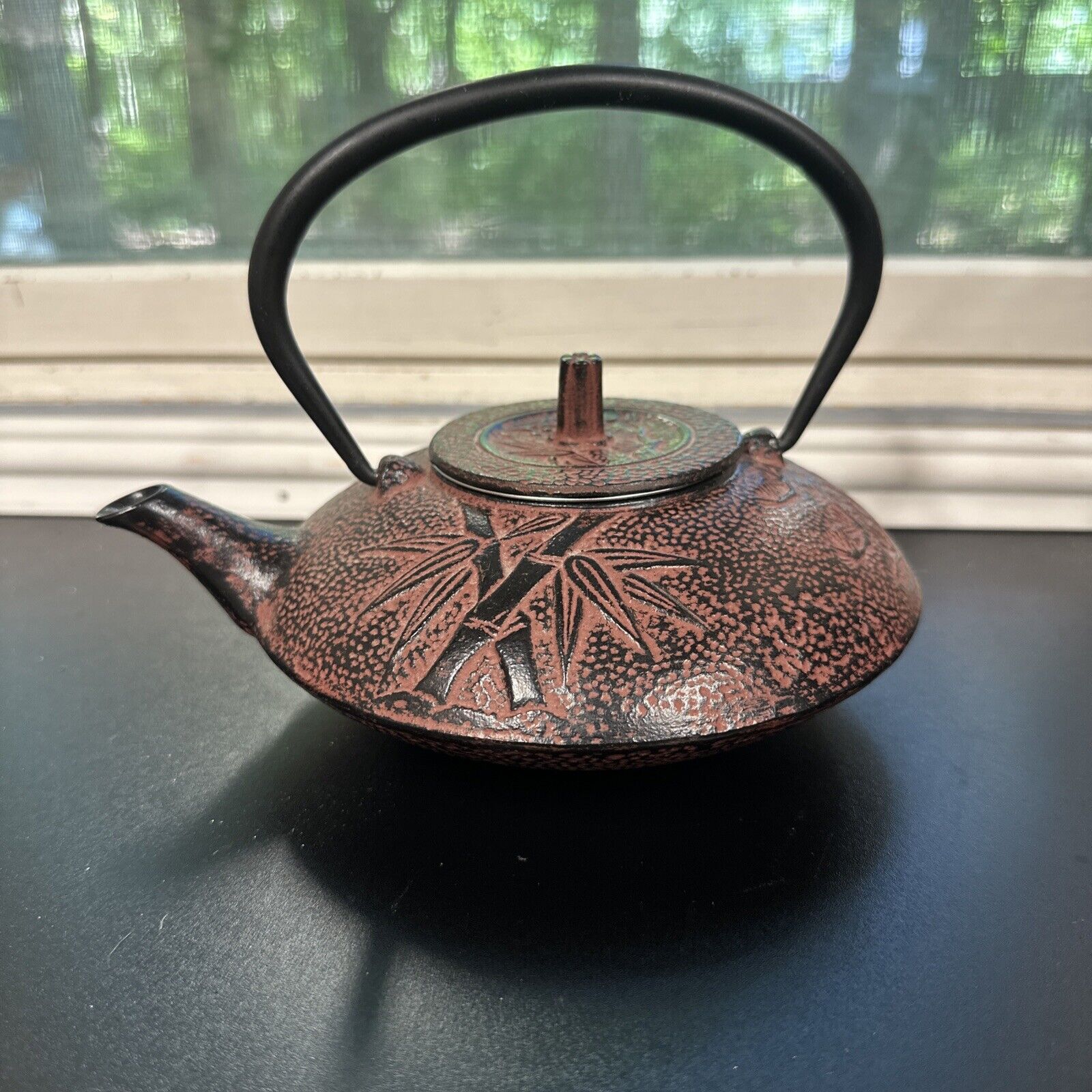Vintage Japanese Cast Iron Tetsukyusu TeaPot With Strainer And Lid Bamboo Design