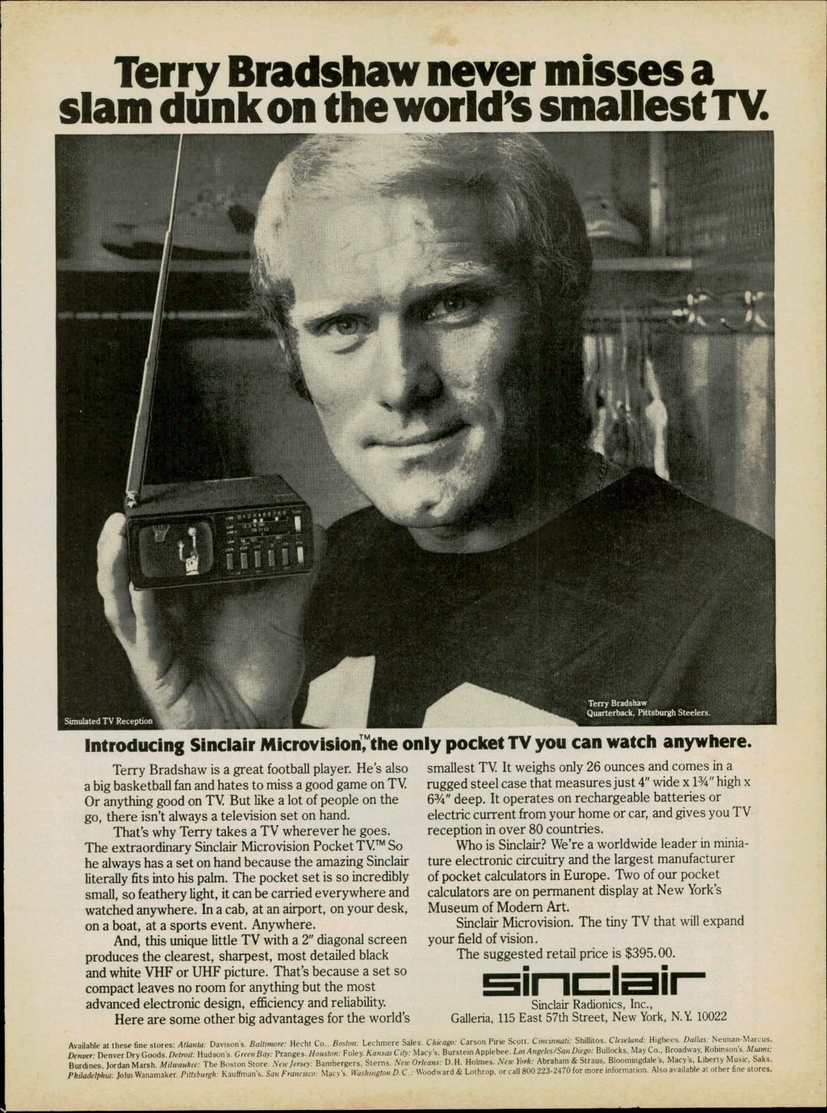 1978 Vtg Print Ad Sinclair Microvision Mini TV Terry Bradshaw Magazine Promo Art