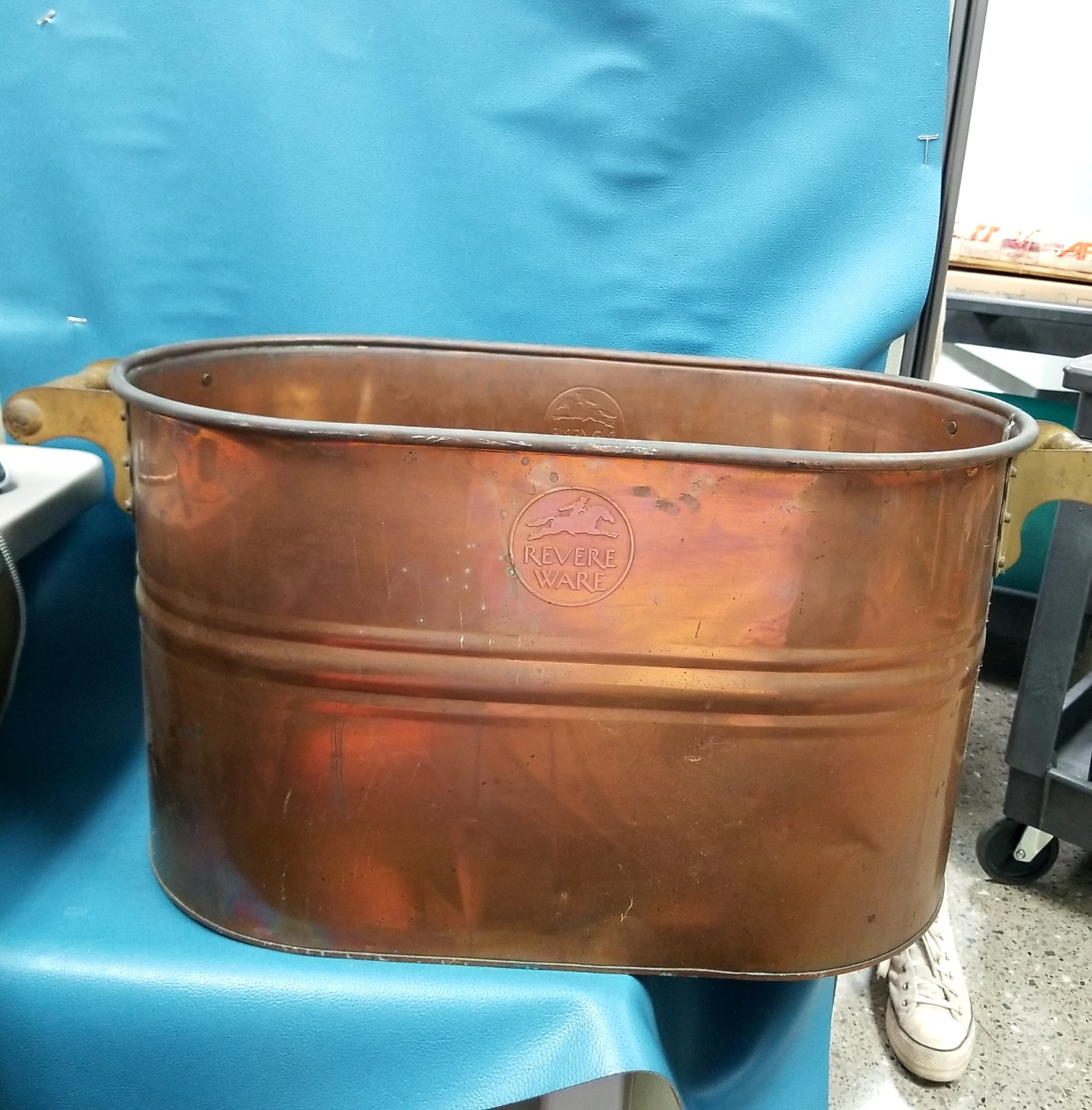 PICKUP ONLY VTG Revere Ware 22x12x13 Copper Oblong Wash Tub Pot Wood Handles